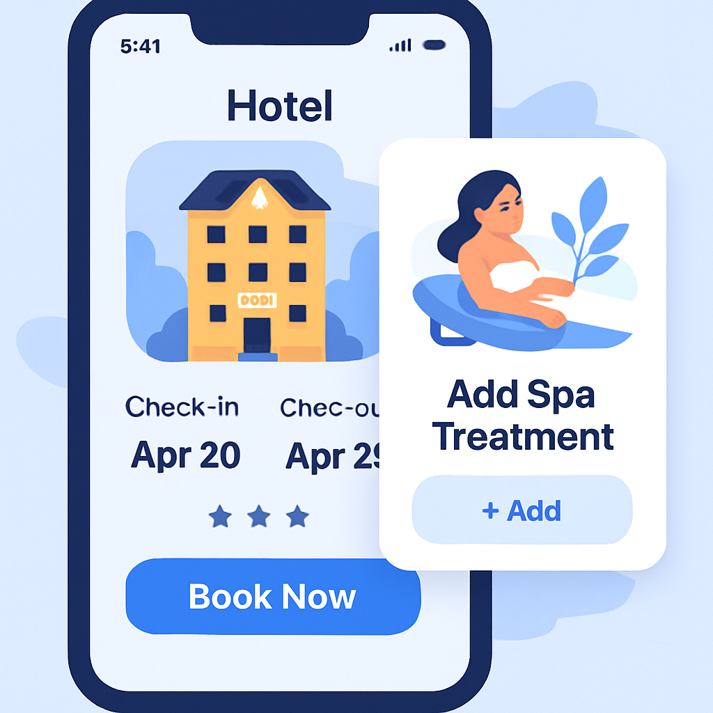 Hotel guest using mobile device for upsells